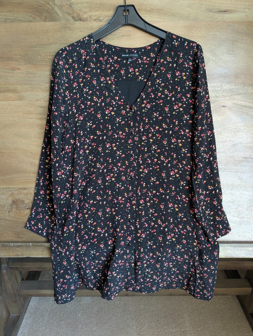 NWT Madewell et Sezane Shirt Dress Womens S Black Floral Silk Button Front F7228